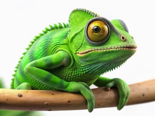 Thoughtful Green Chameleon on Branch - Lazy Reptile Wildlife Illustration for Fashion Print