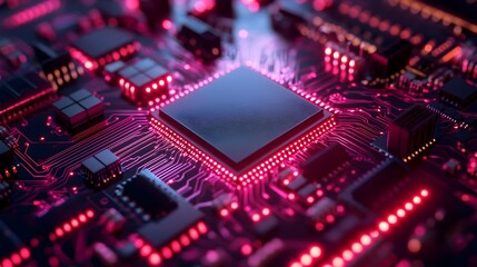 Obraz premium A detailed close-up of a circuit board with a red light illuminating in a high-end chip production workshop environment