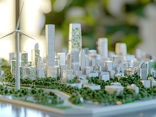 Engineers creating sustainable city models using green energy technologies like wind turbines