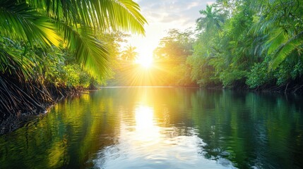The lush tropical river emanated a sense of tranquility as the sunlight pierced through the dense greenery, creating mesmerizing reflections on the calm waters below during a serene afternoon.