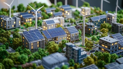 Engineers developing an energy-efficient city model using solar panels and wind turbines