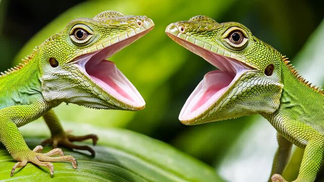 Two green lizards vocalizing in a tropical environment during daylight