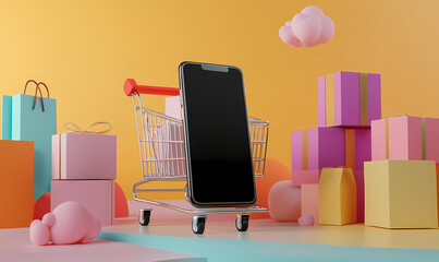 Mobile Shopping Cart: An eye-level shot showcases a smartphone as the centerpiece, seamlessly integrated with a shopping cart, surrounded by gift boxes.
