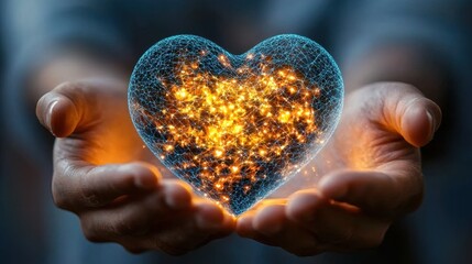 The Blue Heart Shape Network in Hands health data information exchange data visualization love as virtual gift is a beautifully designed digital representation that symbolizes the connection between i