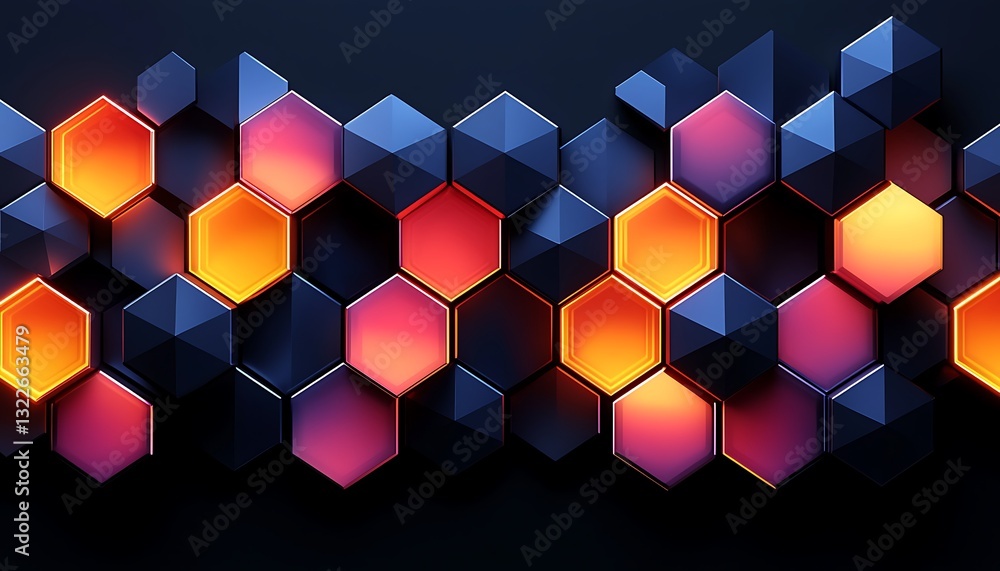 Poster abstract composition of geometric shapes with illuminated hexagonal cells