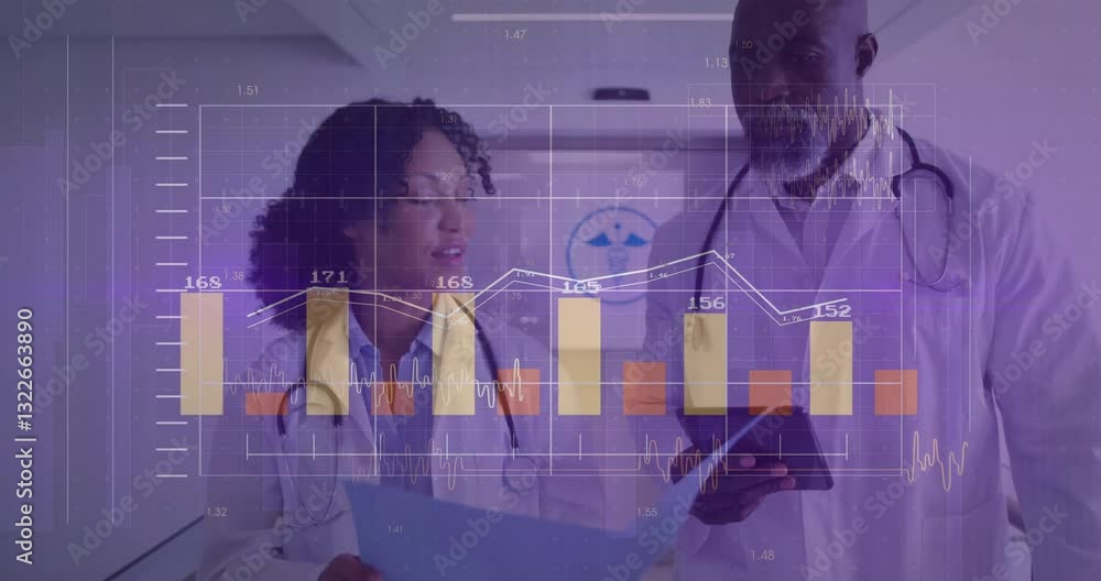 Poster doctors reviewing data on tablet with financial graph animation overlay