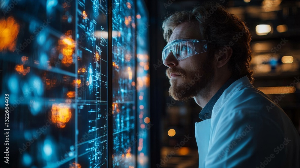 Fototapete A scientist examines intricate quantum data visualizations while wearing protective eyewear in a modern laboratory environment dedicated to quantum experiments and simulations.