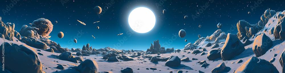 Poster celestial fantasy: a surreal vista of a luminous moon casting its gentle light upon a dreamscape, fe