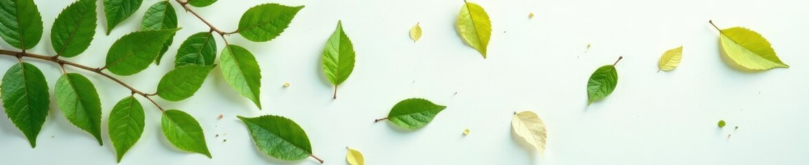 Fototapeta premium Leafy greens scattered on a snowy white surface, leaf, isolated, autumnal