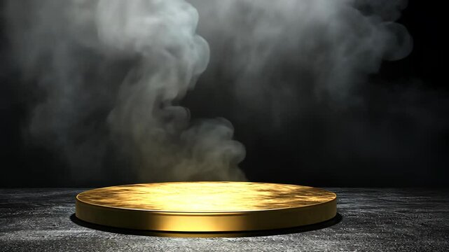 Mystical golden platform surrounded by smoke in a dark, atmospheric setting at night