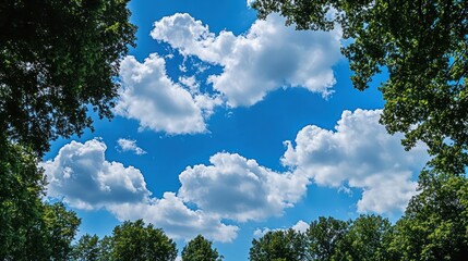 Obraz premium A bright blue sky framed by lush green tree foliage