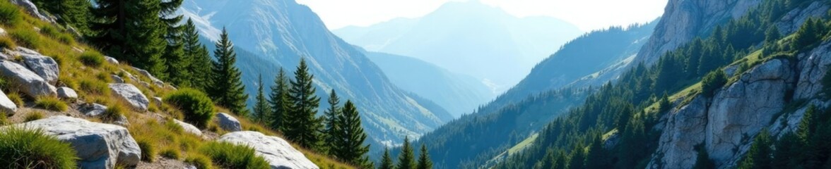 Fototapeta premium Pine trees in the foreground on a rocky mountain slope, rock, pine, tree