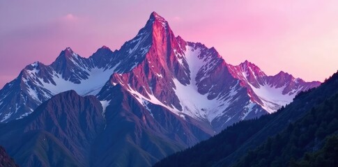 Obraz premium Pink and purple hues illuminate the rugged peaks of a majestic mountain range, natural light, pink, scenery