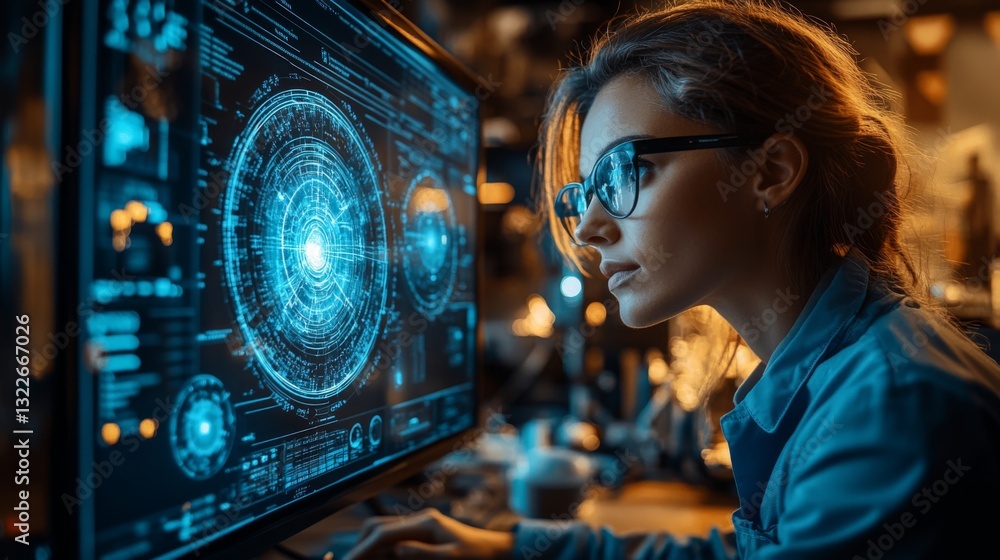 Poster A researcher analyzes complex quantum computing data on a glowing screen, focusing on principles like superposition, entanglement, and security measures against eavesdropping.