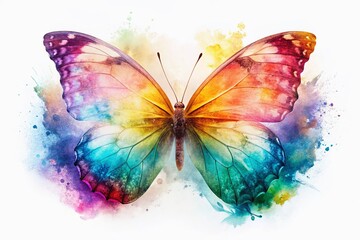 Vibrant Butterfly Double Exposure: Colorful Wings in Flight, White Background Stock Photo