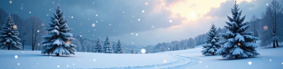 Fototapeta premium Snowflakes falling on a winter wonderland scene with snow-covered trees in the distance, peaceful atmosphere, snowfall, snowflakes
