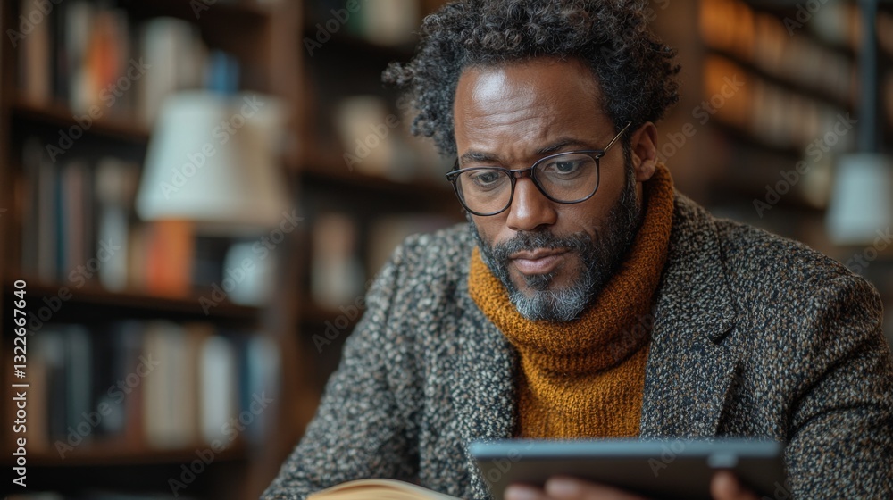 Poster In a serene library, a man is deeply engaged with a tablet, studying complex quantum concepts like qubits and entanglement. The environment radiates calm and focus.