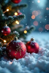 Snowflakes gently falling around sparkling red Christmas decorations, ornaments, snowfall, twinkling lights