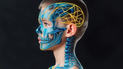 The colorful skeleton design on the face and neck features intricately drawn blue and yellow lines that accentuate the black background