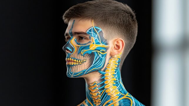 The colorful skeleton design on the face and neck features intricately drawn blue and yellow lines that accentuate the black background