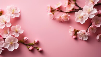 Stunning Flat Lay of Cherry Blossoms on a Pink Backdrop with Sakura Branch, Radiating Tranquility and Grace Amidst Natures Blossoming Beauty