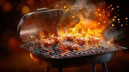 A watercolor painting of a barbecue grill with the lid open, revealing glowing charcoal and sizzling food on the grates.