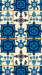 Old bluevintage worn geometric shabby mosaic ornate patchwork motif porcelain stoneware tiles stone concrete cement wall texture background, Paper Cutout style. with white shades