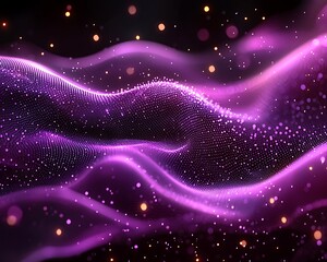 Fototapeta premium Digital flowing waves of purple dots with golden bokeh effects