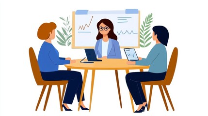 Business Meeting with Three Professionals Analyzing Data Trends