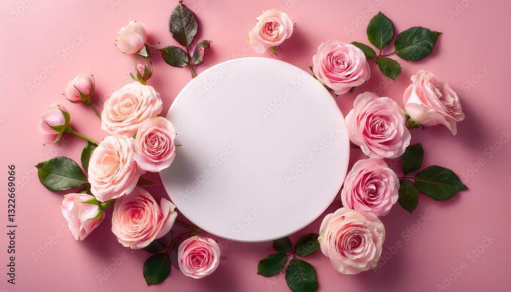 Aufkleber top view of white empty circle and springtime pink roses on a soft pink background with copy space a