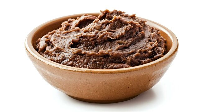 Bowl with brown refried beans paste close