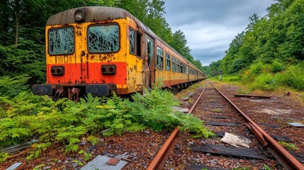 Obraz premium A spooky abandoned train station with deteriorating walls, broken windows, and overgrown vegetation creeping in through the cracks, creating a haunting atmosphere inside the dark and empty building.