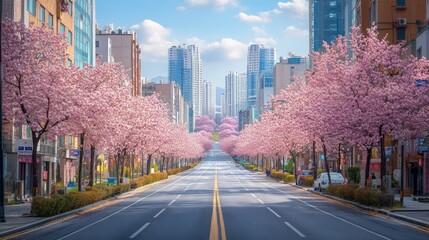 Obraz premium Empty city street lined with cherry blossoms in spring