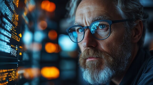A researcher focuses intently on a display of quantum algorithms and machine learning data, immersed in the study of optimization and regression techniques during a late evening session.