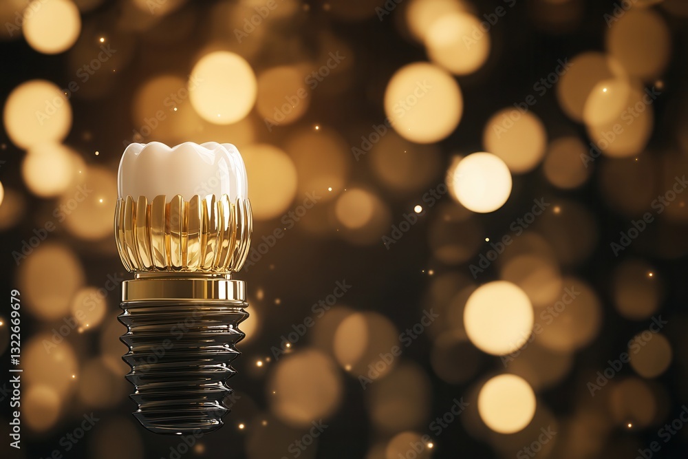 Poster luxurious close-up of a golden dental implant in an elegant black-and-gold setting with soft bokeh l