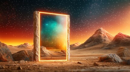 The abstract portal stone gate stands tall against the cosmic landscape, with neon glowing lights piercing through the darkness