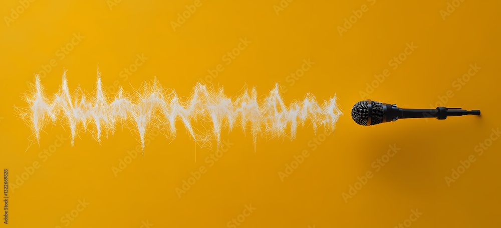 Poster sound waves: a dynamic display of sound waves emanating from a microphone against a vivid yellow bac