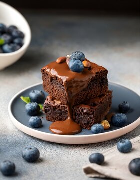 Plato de Brownie con chocolate caliente por encima adornado con ar&aacute;ndanos en mesa gris. 