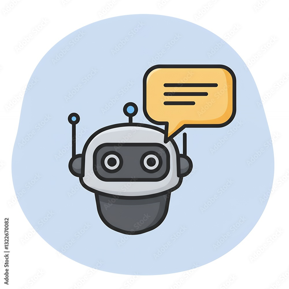 Poster robot head with speech bubble providing information for customer support