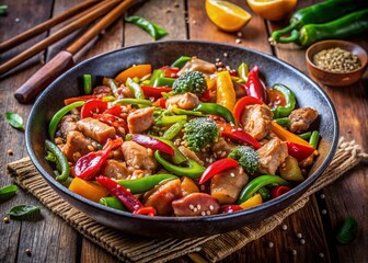 Vibrant Sesame Chicken & Vegetable Stir-Fry in Wok, Pan-Asian Cuisine, Healthy Recipe