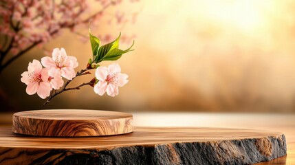 A beautifully crafted wooden podium featuring a delicate spring cherry blossom design, with a single sakura branch elegantly displayed in the center against a serene and empty backdrop.