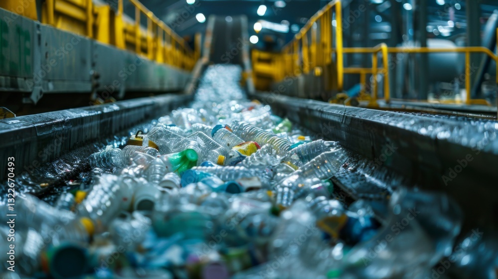 Aufkleber bottles and plastic debris fill the conveyor belt inside a recycling center, where workers and machi