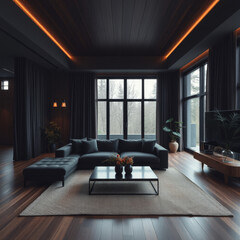 Moody Modern Interior with Elegant Dark Furniture, Subtle Lighting, and Wood Flooring