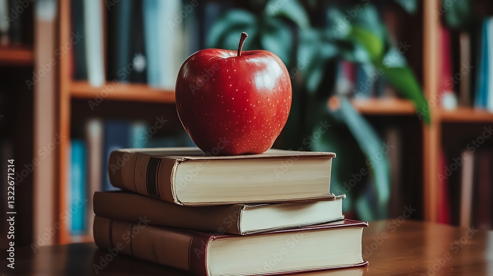 Poster a red apple resting on a stack of books in a library