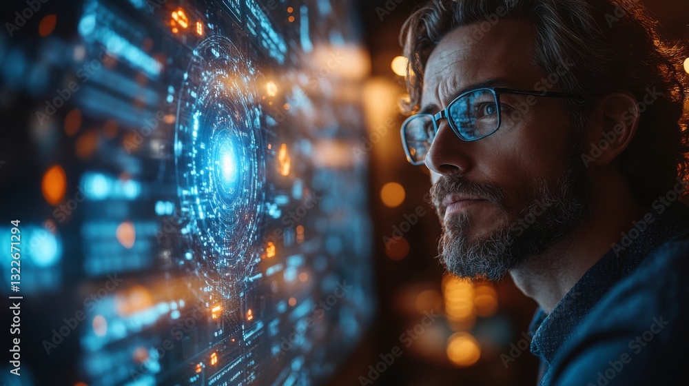 Poster A researcher examines intricate visualizations of quantum computing principles, such as qubits and entanglement.