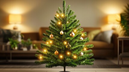 A beautifully decorated 3D Christmas tree with lifelike needles, twinkling lights, and shiny ornaments, standing tall in a cozy living room setting.