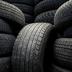 Obraz premium Stack of Used Tires with Worn Tread Patterns in Storage Facility