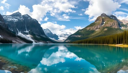 Fototapeta premium Turquoise Lake Reflecting Majestic Mountains and Cloudscape Landscape Nature View
