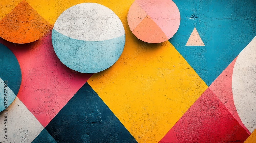 Poster Colorful geometric shapes create a vibrant abstract design with circles and triangles in contrasting hues against a dark background
