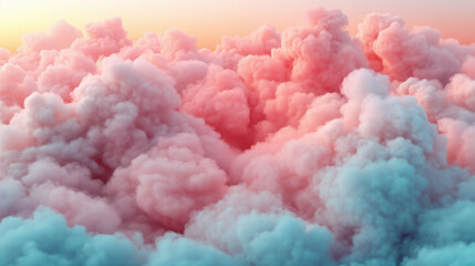 Colorful clouds fill the sky during sunset, creating a dreamy landscape in pastel hues of pink and blue